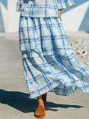 Women's Casual Resort-Style Plaid Cotton-Linen Set: Round-Neck Flared-Sleeve Top And Skirt ZMZ1620F0ZYY