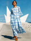 Women's Casual Resort-Style Plaid Cotton-Linen Set: Round-Neck Flared-Sleeve Top And Skirt ZMZ1620F0ZYY