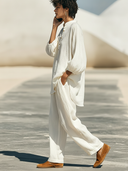 Women's Minimalist Premium Cotton-Linen Henley Lantern-Sleeve Top And Wide-Leg Pants Set ZMZ1619F6ZYY