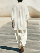 Women's Minimalist Premium Cotton-Linen Henley Lantern-Sleeve Top And Wide-Leg Pants Set ZMZ1619F6ZYY