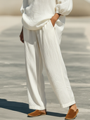 Women's Minimalist Premium Cotton-Linen Henley Lantern-Sleeve Top And Wide-Leg Pants Set ZMZ1619F6ZYY