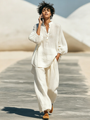 Women's Minimalist Premium Cotton-Linen Henley Lantern-Sleeve Top And Wide-Leg Pants Set ZMZ1619F6ZYY