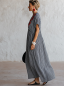Women's Premium Vintage Cotton-Blend Plaid V-Neck Embroidered Short-Sleeve Maxi Dress ZMZ1608F4ZYY