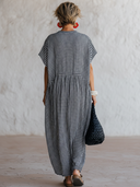 Women's Premium Vintage Cotton-Blend Plaid V-Neck Embroidered Short-Sleeve Maxi Dress ZMZ1608F4ZYY