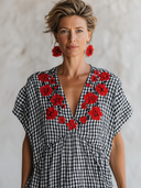 Women's Premium Vintage Cotton-Blend Plaid V-Neck Embroidered Short-Sleeve Maxi Dress ZMZ1608F4ZYY