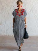 Women's Premium Vintage Cotton-Blend Plaid V-Neck Embroidered Short-Sleeve Maxi Dress ZMZ1608F4ZYY