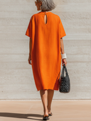 Women's Premium Vintage Round Neck And Short Sleeves  Cotton-Linen Loose-Fit Midi Dress ZMZ1768F2ZYY