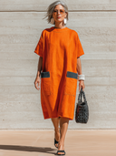 Women's Premium Vintage Round Neck And Short Sleeves  Cotton-Linen Loose-Fit Midi Dress ZMZ1768F2ZYY