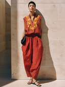Women's Premium Vintage Cotton-Linen Set: Embroidered V-Neck Sleeveless T-Shirt And Carrot-Cut Trousers ZMZ1507F3ZYY