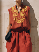 Women's Premium Vintage Cotton-Linen Set: Embroidered V-Neck Sleeveless T-Shirt And Carrot-Cut Trousers ZMZ1507F3ZYY