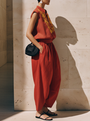 Women's Premium Vintage Cotton-Linen Set: Embroidered V-Neck Sleeveless T-Shirt And Carrot-Cut Trousers ZMZ1507F3ZYY