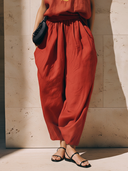 Women's Premium Vintage Cotton-Linen Set: Embroidered V-Neck Sleeveless T-Shirt And Carrot-Cut Trousers ZMZ1507F3ZYY