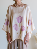 Women Cotton Like Soft Blouse Watercolor Tulip Floral Print Batwing Wide Sleeve Loose Boat Neck Tunic Top, Casual Elegant Mature Ladies Shirt ZMZ1841F7YZH