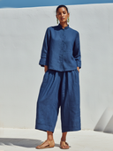 Women's Classic Casual Cotton-Linen Set: Mandarin Collar Mid-Sleeve Shirt And Elastic-Waist Wide-Leg Pants ZMZ0939F3ZYY