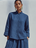 Women's Classic Casual Cotton-Linen Set: Mandarin Collar Mid-Sleeve Shirt And Elastic-Waist Wide-Leg Pants ZMZ0939F3ZYY