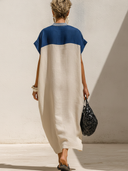 Women's Premium Vintage Cotton-Linen Patchwork V-Neck Short-Sleeve Loose Maxi Dress ZMZ1544F2ZYY