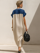 Women's Premium Vintage Cotton-Linen Patchwork V-Neck Short-Sleeve Loose Maxi Dress ZMZ1544F2ZYY
