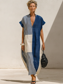 Women's Premium Vintage Cotton-Linen Patchwork V-Neck Short-Sleeve Loose Maxi Dress ZMZ1544F2ZYY