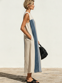 Women's Premium Vintage Round Neck And Loose Fit Cotton-Linen Patchwork Sleeveless Midi Dress ZMZ1742F2ZYY