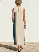 Women's Premium Vintage Round Neck And Loose Fit Cotton-Linen Patchwork Sleeveless Midi Dress ZMZ1742F2ZYY