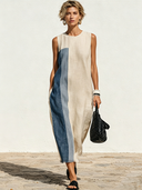 Women's Premium Vintage Round Neck And Loose Fit Cotton-Linen Patchwork Sleeveless Midi Dress ZMZ1742F2ZYY