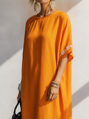 Women's Premium Vintage Round Neck And Short Sleeves Cotton-Linen Loose-Fit Embroidered Maxi Dress ZMZ1724F4ZYY