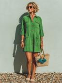 Women's Premium Vintage Shirt Collar, Multiple Pockets, And Loose Fit Cotton-Linen Short-Sleeve Mini Dress ZMZ1786F5ZYY