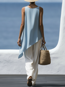 Women Premium Cotton Linen Two Piece Matching Set Halter Neck Irregular Hem Sleeveless Top High Waist White Wide Leg Pants, Summer Beach Vacation Co-ord Outfits ZMZ1844F6YZH