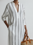 Women's Casual Resort-Style Three-Quarter Sleeves Cotton-Linen Vertical-Stripe V-Neck Loose Midi Dress ZMZ1706F9ZYY
