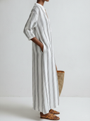 Women's Casual Resort-Style Three-Quarter Sleeves Cotton-Linen Vertical-Stripe V-Neck Loose Midi Dress ZMZ1706F9ZYY