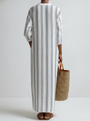Women's Casual Resort-Style Three-Quarter Sleeves Cotton-Linen Vertical-Stripe V-Neck Loose Midi Dress ZMZ1706F9ZYY