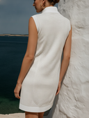 Women Striped Knit Sleeveless Mini Dress Half Zip Stand Collar Loose Shift Dress With Pockets, Summer Casual Sporty Vacation Knit Dress ZMZ1815F7YZH