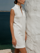 Women Striped Knit Sleeveless Mini Dress Half Zip Stand Collar Loose Shift Dress With Pockets, Summer Casual Sporty Vacation Knit Dress ZMZ1815F7YZH