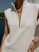 Women Striped Knit Sleeveless Mini Dress Half Zip Stand Collar Loose Shift Dress With Pockets, Summer Casual Sporty Vacation Knit Dress ZMZ1815F7YZH