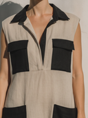 Women's Casual Resort-Style Shirt Collar And Cotton-Linen Panel Detail (Loose Fit) Sleeveless Midi Dress ZMZ1773F6ZYY