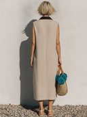 Women's Casual Resort-Style Shirt Collar And Cotton-Linen Panel Detail (Loose Fit) Sleeveless Midi Dress ZMZ1773F6ZYY