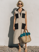 Women's Casual Resort-Style Shirt Collar And Cotton-Linen Panel Detail (Loose Fit) Sleeveless Midi Dress ZMZ1773F6ZYY