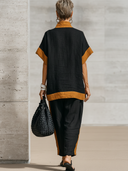 Women's Casual Resort-Style Cotton-Linen Patchwork Short-Sleeve Mandarin Collar Top And Pants Set ZMZ1706F8ZYY
