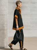 Women's Casual Resort-Style Cotton-Linen Patchwork Short-Sleeve Mandarin Collar Top And Pants Set ZMZ1706F8ZYY