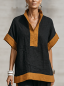 Women's Casual Resort-Style Cotton-Linen Patchwork Short-Sleeve Mandarin Collar Top And Pants Set ZMZ1706F8ZYY