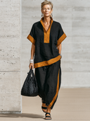 Women's Casual Resort-Style Cotton-Linen Patchwork Short-Sleeve Mandarin Collar Top And Pants Set ZMZ1706F8ZYY