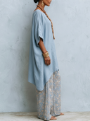 Women Two Piece Outfits Solid Cotton Boat Neck Batwing Sleeve Tunic Top & Cotton Like Floral Print High Waist Wide Leg Pants Matching Set, Summer Casual Boho Co Ord Set ZMZ1844F5YZH