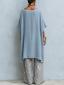 Women Two Piece Outfits Solid Cotton Boat Neck Batwing Sleeve Tunic Top & Cotton Like Floral Print High Waist Wide Leg Pants Matching Set, Summer Casual Boho Co Ord Set ZMZ1844F5YZH