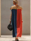 Women's Casual Vacation-Style Color-Block Panels, Short Sleeves, And Round Neck Loose Cotton-Linen Maxi Dress ZMZ1737F0ZYY