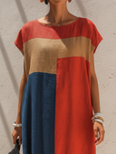 Women's Casual Vacation-Style Color-Block Panels, Short Sleeves, And Round Neck Loose Cotton-Linen Maxi Dress ZMZ1737F0ZYY