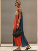 Women's Casual Vacation-Style Color-Block Panels, Short Sleeves, And Round Neck Loose Cotton-Linen Maxi Dress ZMZ1737F0ZYY