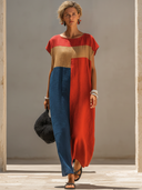 Women's Casual Vacation-Style Color-Block Panels, Short Sleeves, And Round Neck Loose Cotton-Linen Maxi Dress ZMZ1737F0ZYY
