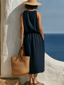 Women Premium Cotton Linen Sleeveless Halter Midi Dress Elastic Waist Loose Shift Dress With Pockets, Solid Summer Beach Vacation Casual Dress ZMZ1815F6YZH