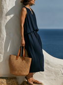Women Premium Cotton Linen Sleeveless Halter Midi Dress Elastic Waist Loose Shift Dress With Pockets, Solid Summer Beach Vacation Casual Dress ZMZ1815F6YZH