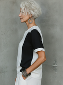 Women's Premium Minimalist Black & White Color-Block Cotton-Linen Crew-Neck Short-Sleeve T-Shirt ZMZ1746F4ZYY